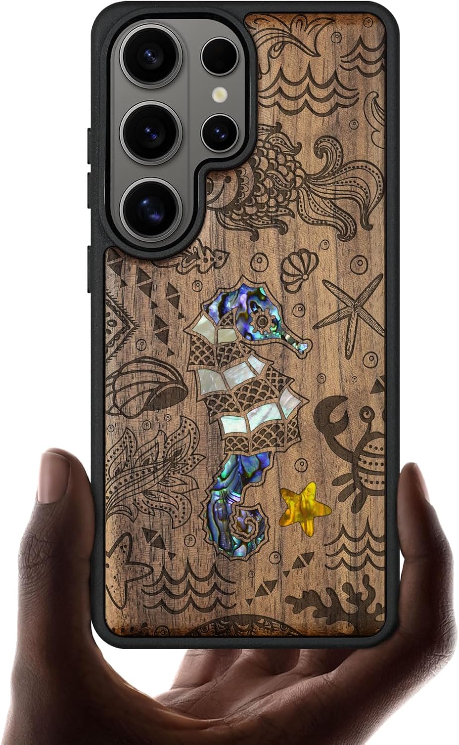 Carveit Magnetic Wooden Case for Samsung Galaxy S26 Ultra Case, Wood Artisan Engraved & Handmade Shell Inlaid, Compatible with MagSafe Wireless Chargers (The Underwater World) Walnut