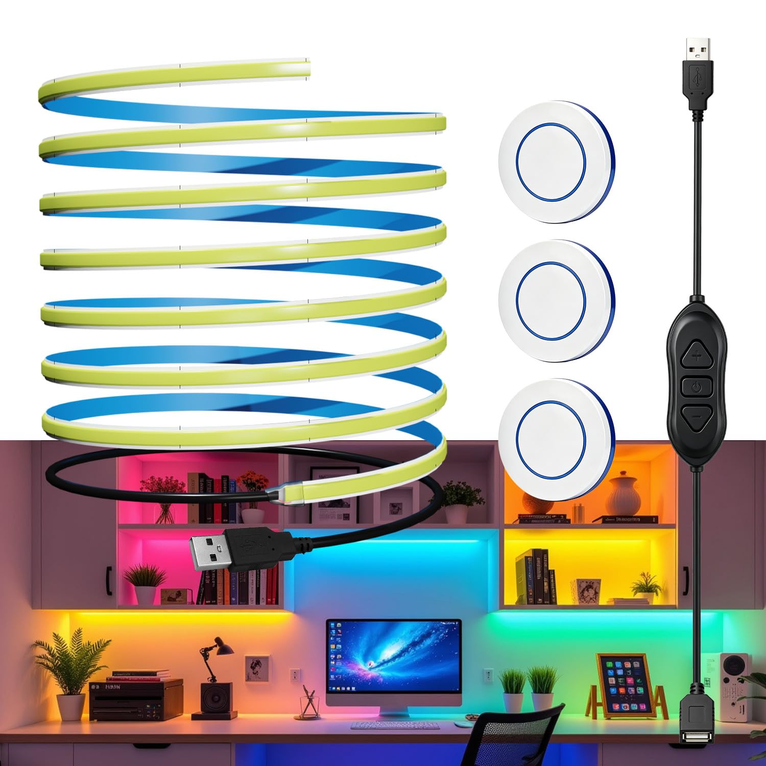MDee 5V USB COB LED Strip with 3 Remotes, Dimmable, Green, 2.5M