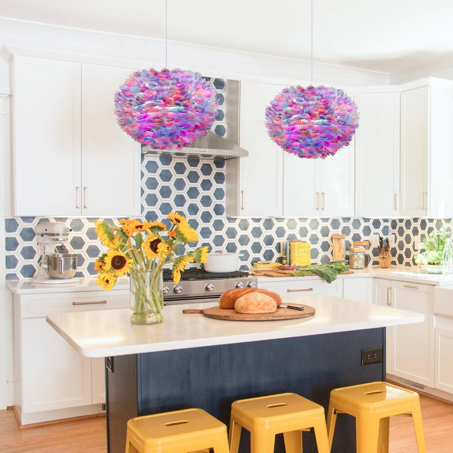 NZV Colorful Feather Chandeliers for Girls Room 15.8in Beautiful Feathers Chandelier Girls Bedroom Pendant Light Fixture Color Hanging Ceiling Lighting for Dining Room Kitchen Island Foyer Entryway