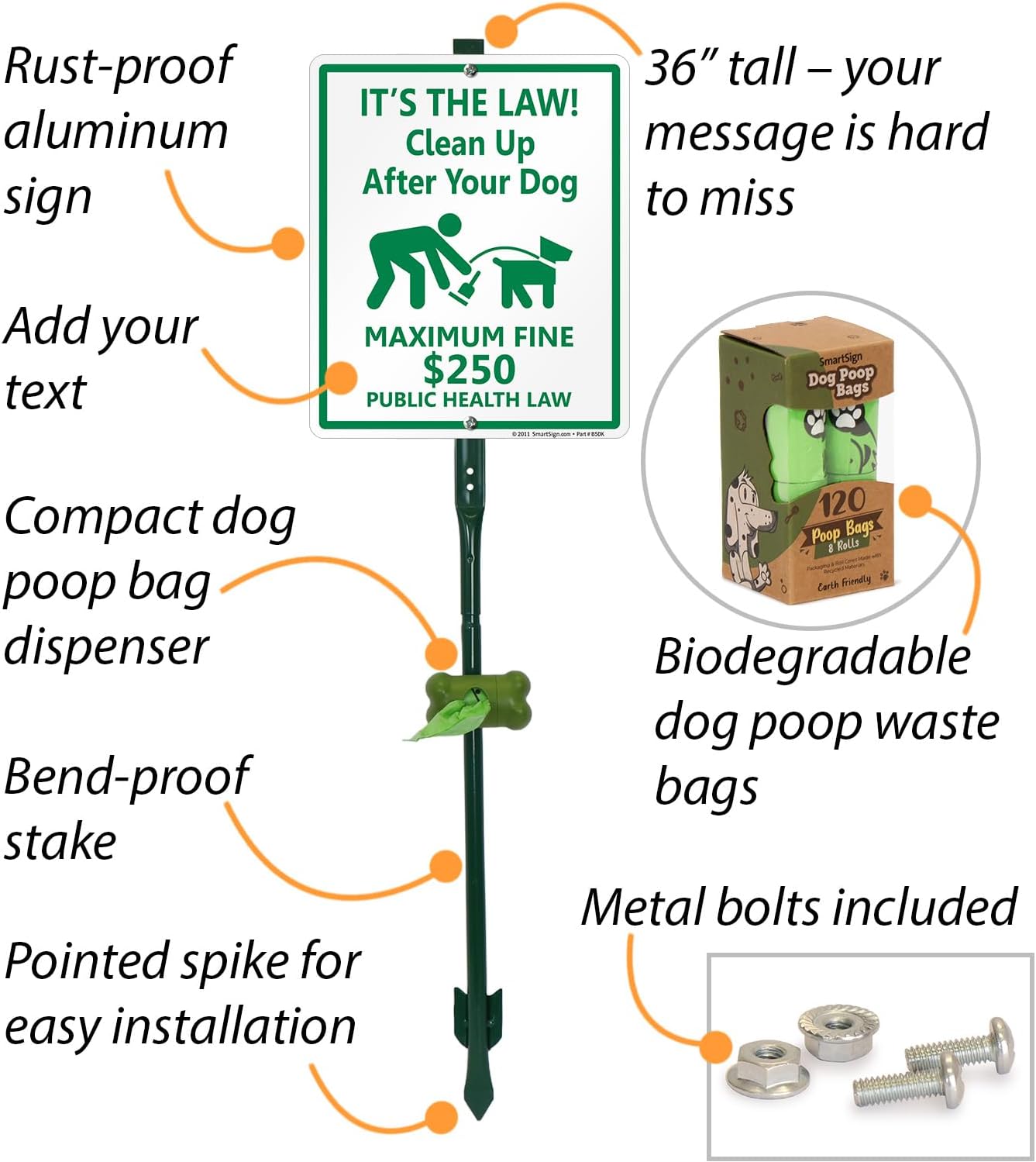 SmartSign It’s Law Clean Up After Your Dog Maximum Fine $250 Yard Sign & Clip-On Preloaded Dispenser Combo/Kit with 135 Dog Poop Waste Bags, 10"x12" Rust-proof Aluminum Sign with 3ft Steel Stake