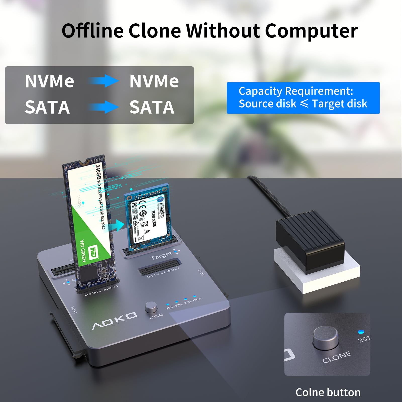 AOKO M.2 NVMe SSD Cloner, Hard Drive Docking Station for M.2/mSATA