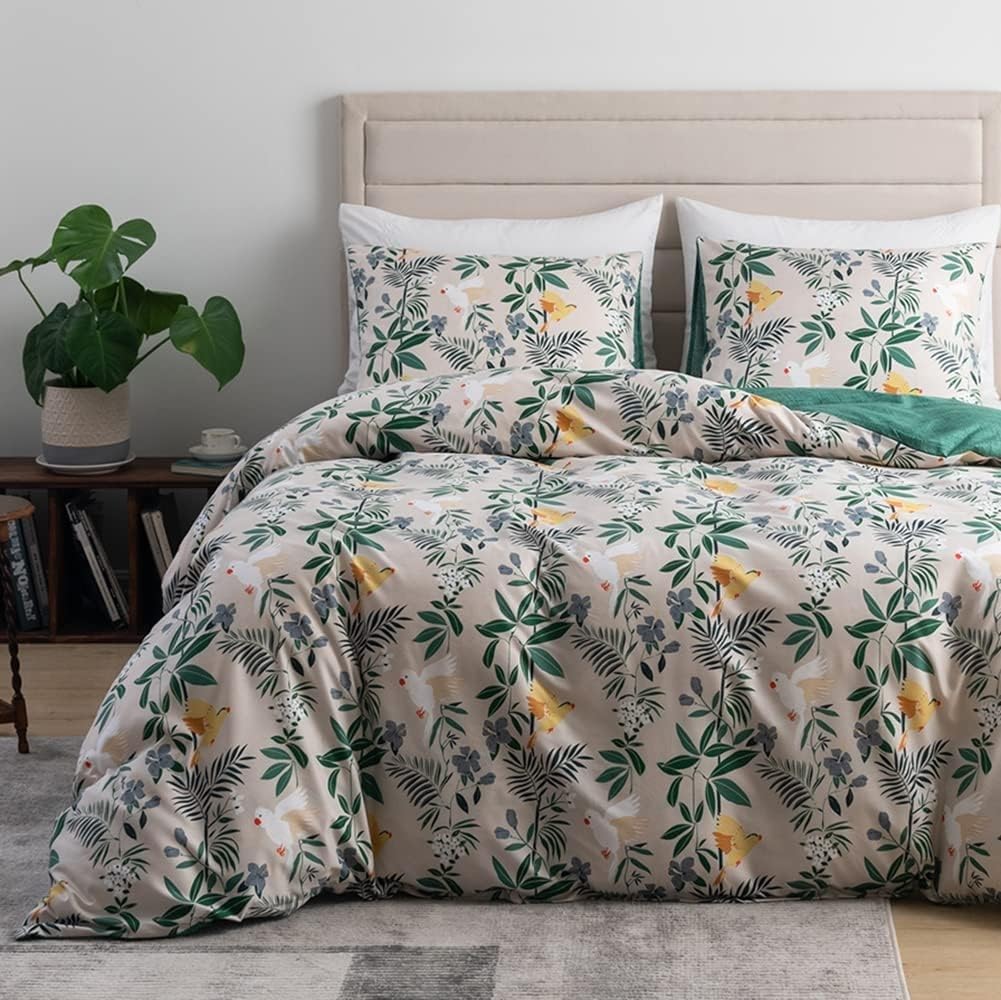 Housse de couette 220x240 fleurs rétro parure de lit adulte avec 2 taies d'oreiller 65x65