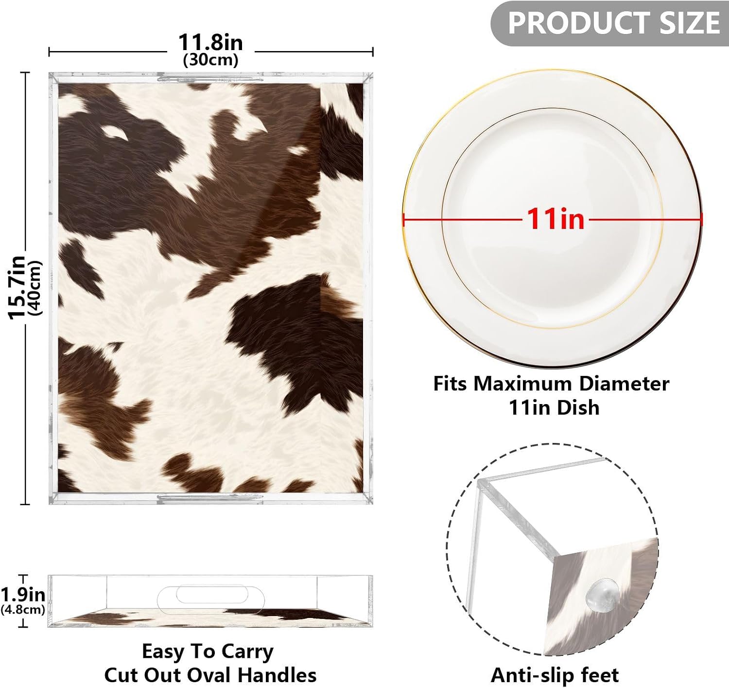 Brown White Cowhide Texture Serving Tray, Decorative Ottoman Trays with Handles for Breakfast, Coffee Table, Dining Room, Party - 16" x 12"