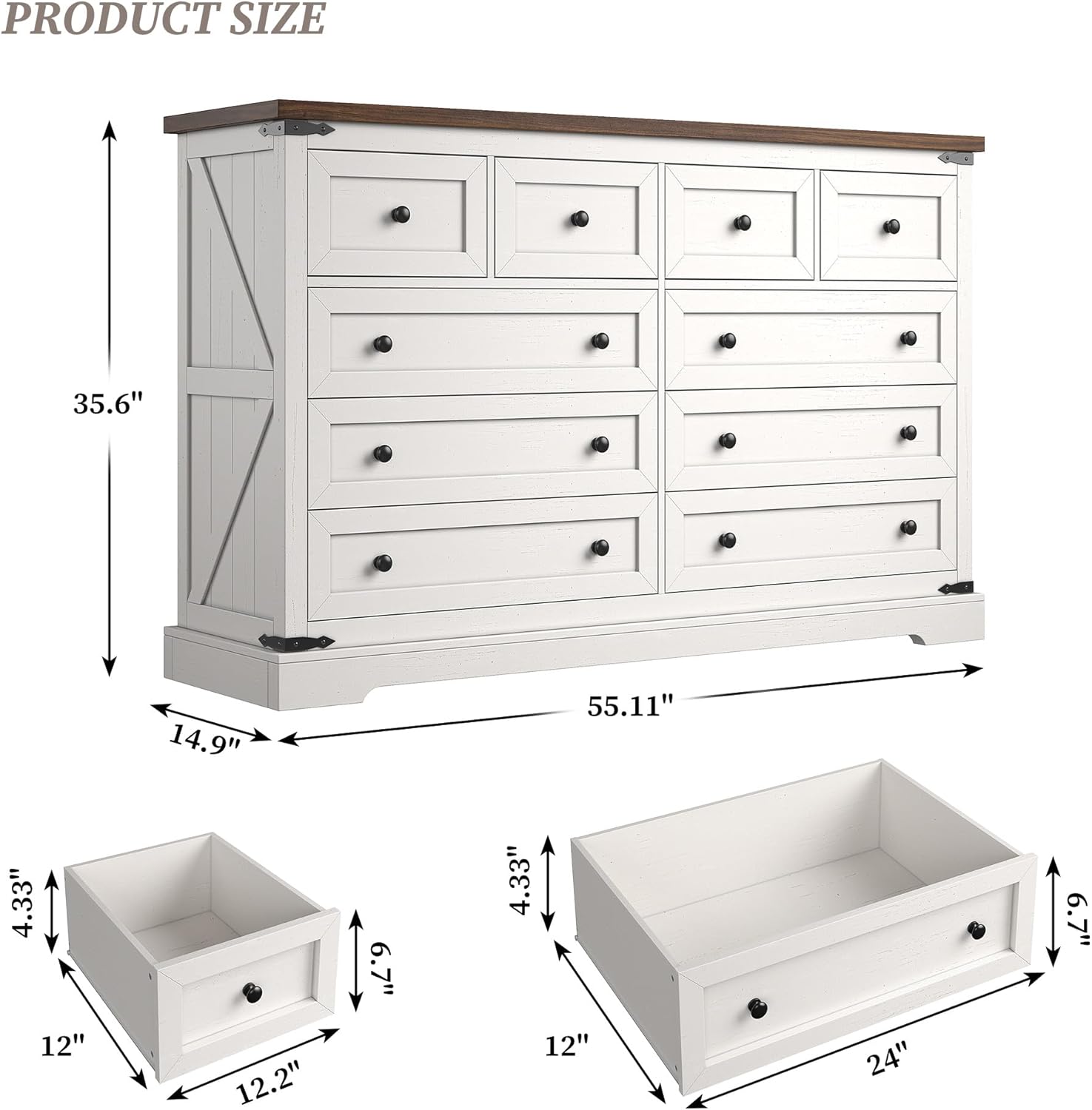 EnHomee 10 Drawer Dresser for Bedroom,55.11" W Farmhouse Dressers and Chests of Drawers with Smooth Metal Rail,Large and Wide TV Stand Hallway,Antique White,14.9" D x 55.11" W x 35.6" H