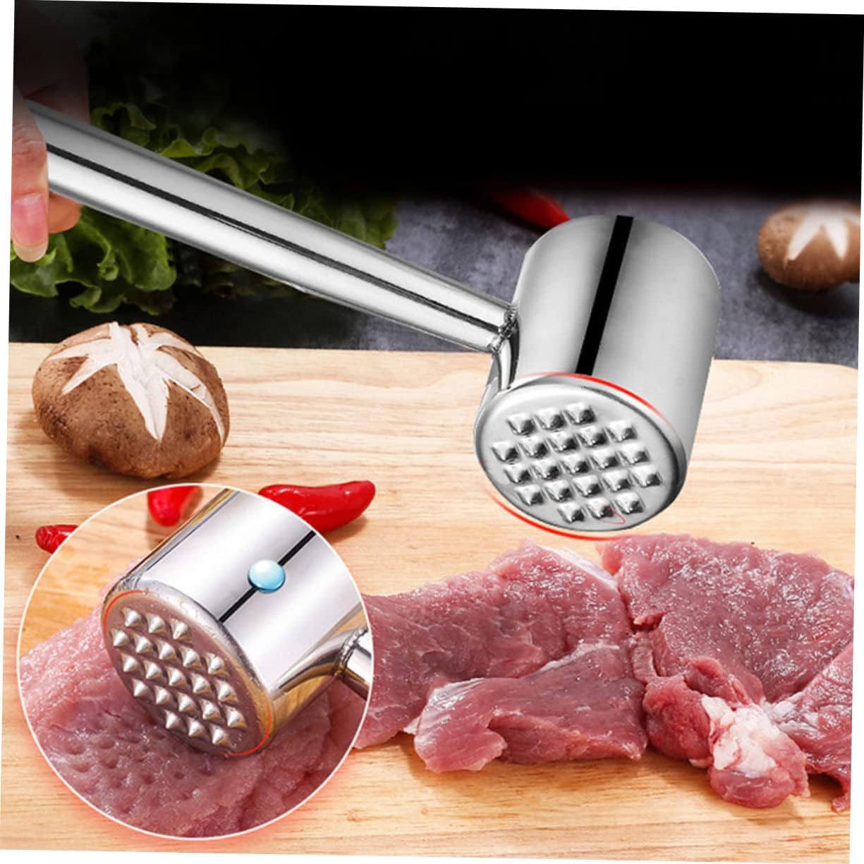 KICHOUSE 2pcs Reversible Meat Tenderizer Stainless Steel Mallets Non-slip Handle Meat Pounder Hammer for Kitchen Beef Steak