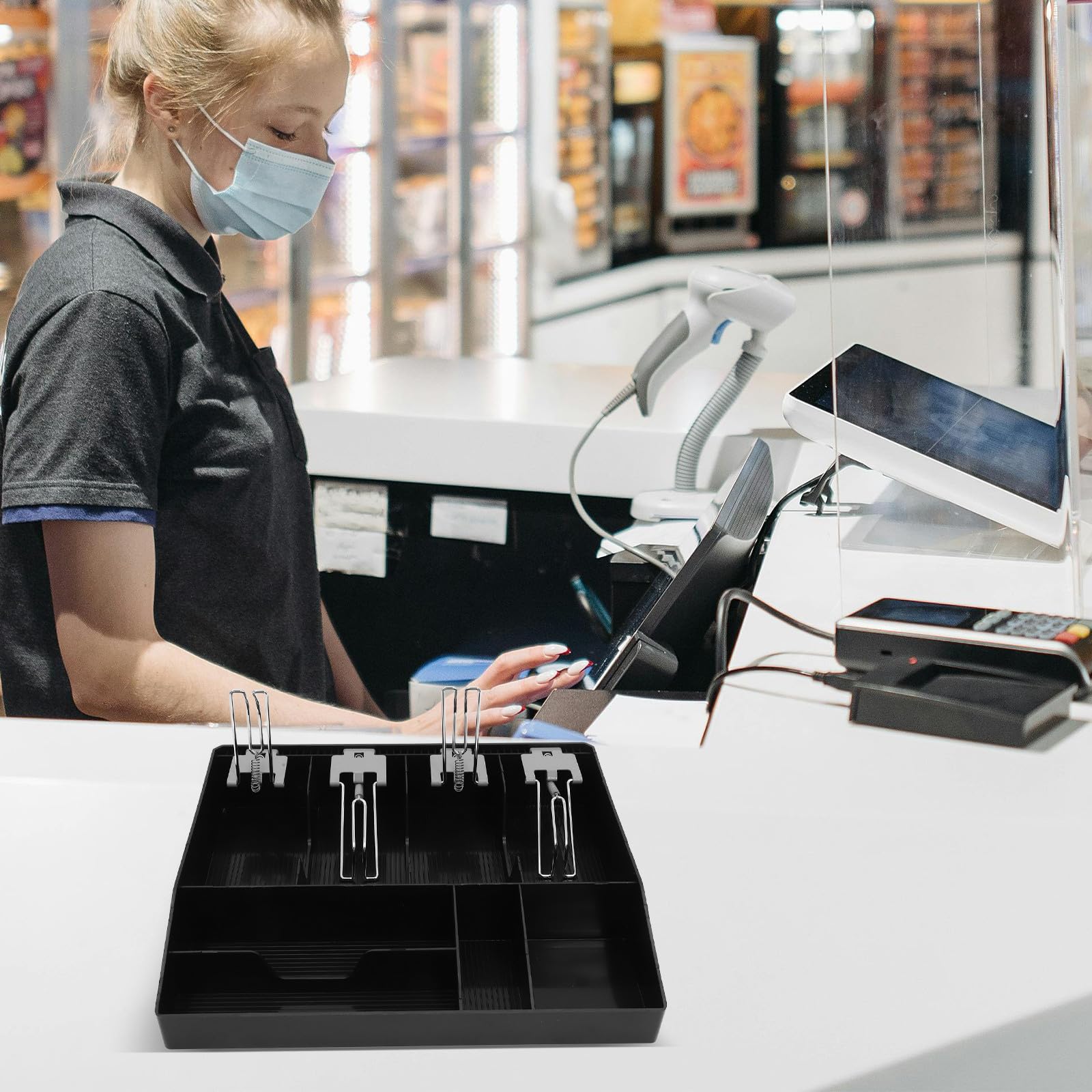 POPETPOP Kassenschubladeneinsatz aus Abs und Metall mit Clip Geldschublade mit 3 Papiergeld und 3 Münzfachern für Einzelhandelsgeschäfte und Bargeldorganisation