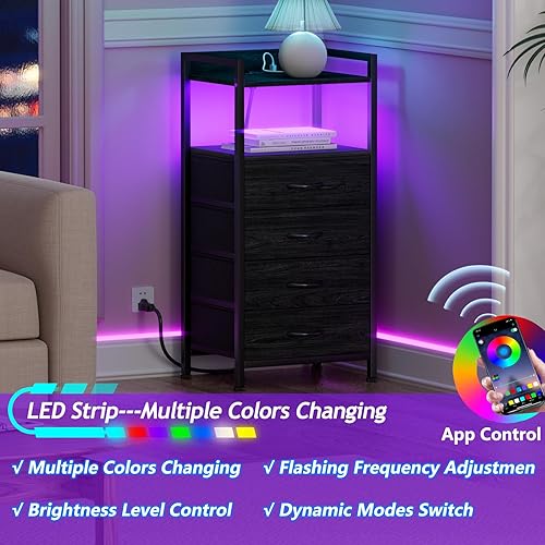 Miniatura 4 de Furnulem Mesita de noche de 4 cajones con estante, cómoda negra alta para dormitorio con luz LED y estación de carga, mesa auxiliar de cama para