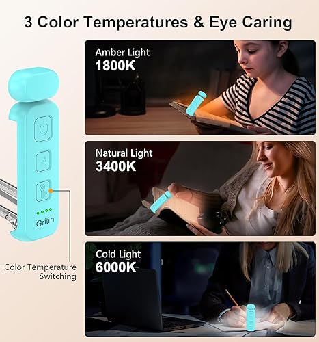 Miniatura 4 de Gritin Luz de lectura, luz recargable para leer en la cama, cuidado de los ojos, 3 temperaturas de color, brillo regulable de 5 niveles, larga