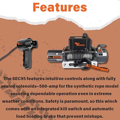 Miniatura 4 de Mile Marker 76-53246BW SEC95 Cabrestante - Capacidad de peso de 9500 libras - Cuerda sintética y guía Hawse Fairlead - Control remoto con cable de