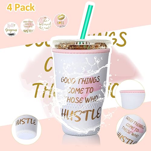 Vista 64 de Patelai Funda aislante reutilizable para café helado, 4 piezas, para bebidas frías, bebidas y soporte para la mayoría de los cafés