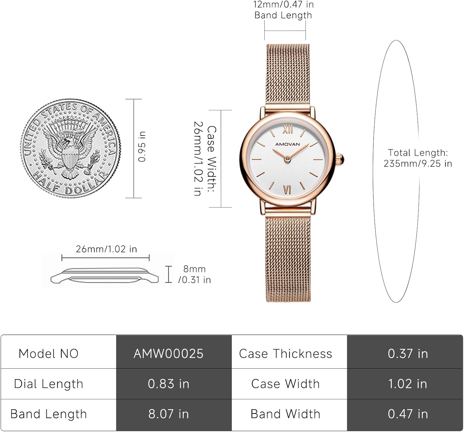 Rose Gold Watches for Women with Small Solid Stainless Steel Band, Two Hands Minimalist, Rectangular Case Roman Dial, Water Resistant,Adjustment Tool Included - Image 4