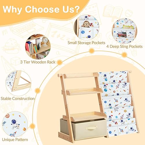 Miniatura 4 de Estantería infantil y organizador de almacenamiento de juguetes de madera 2 en 1 para niños pequeños, estante de 4 niveles con caja de juguetes para