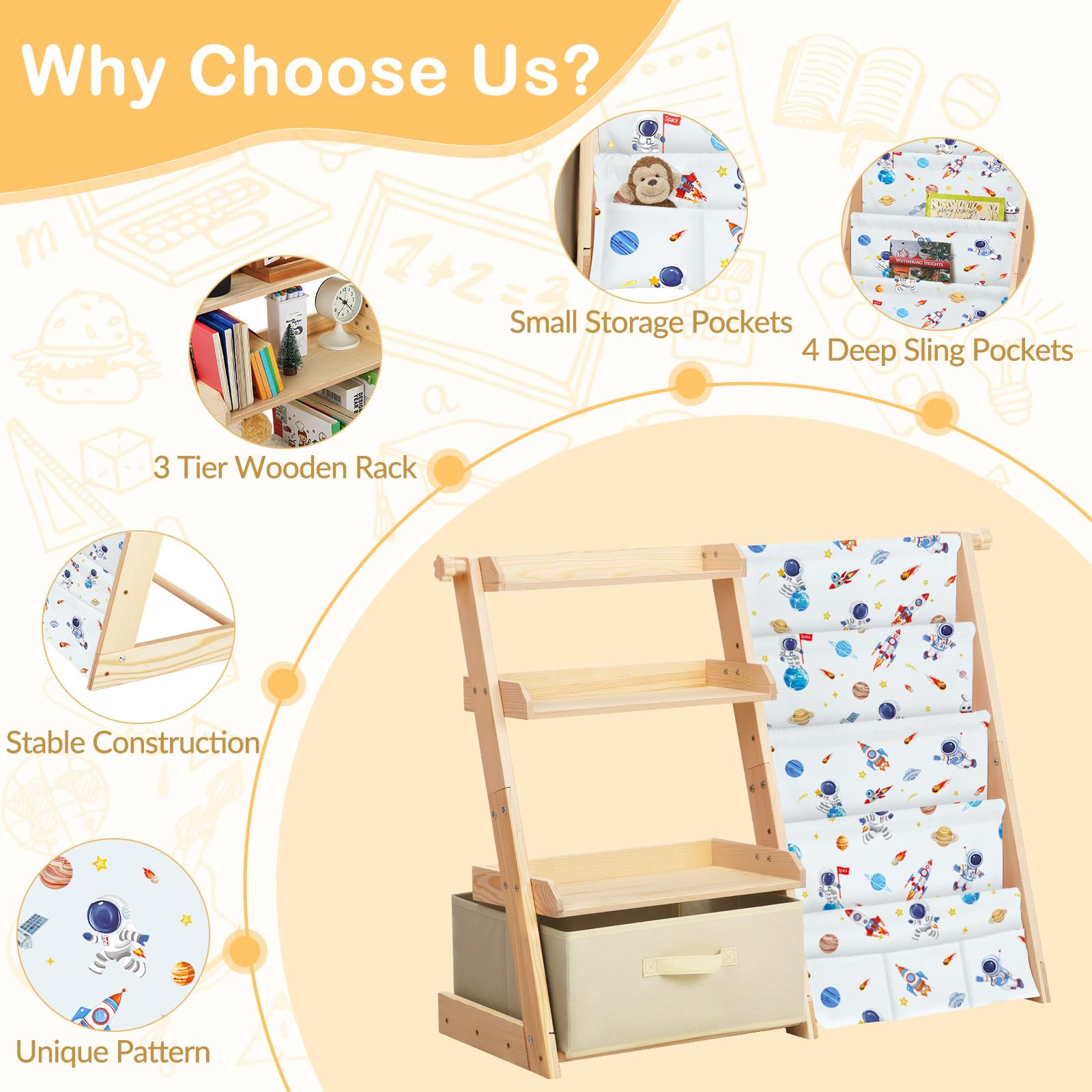 Libreria per Bambini con 4 Ripiani e 3 Scomparti Aperti, Scaffale Giochi Bambini con Scatole e 3 Tasche, Scaffale Portagiochi per Camerette, Librerie Montessoriana per Bambino e Bambina (Astronauti)