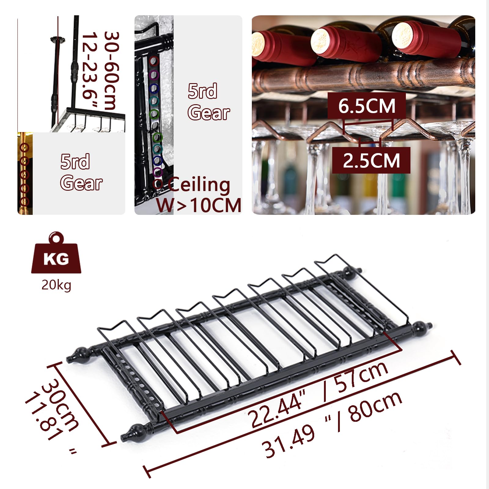 Soportes para Copas y Botelleros Colgante de Metal, Altura Ajustable Porta Bottiglie da Vino, Cuelga Copas con Invertido Tallo para Barra Bar/Club/Armarios para Vino (BR, 80x30x(30-60) cm)