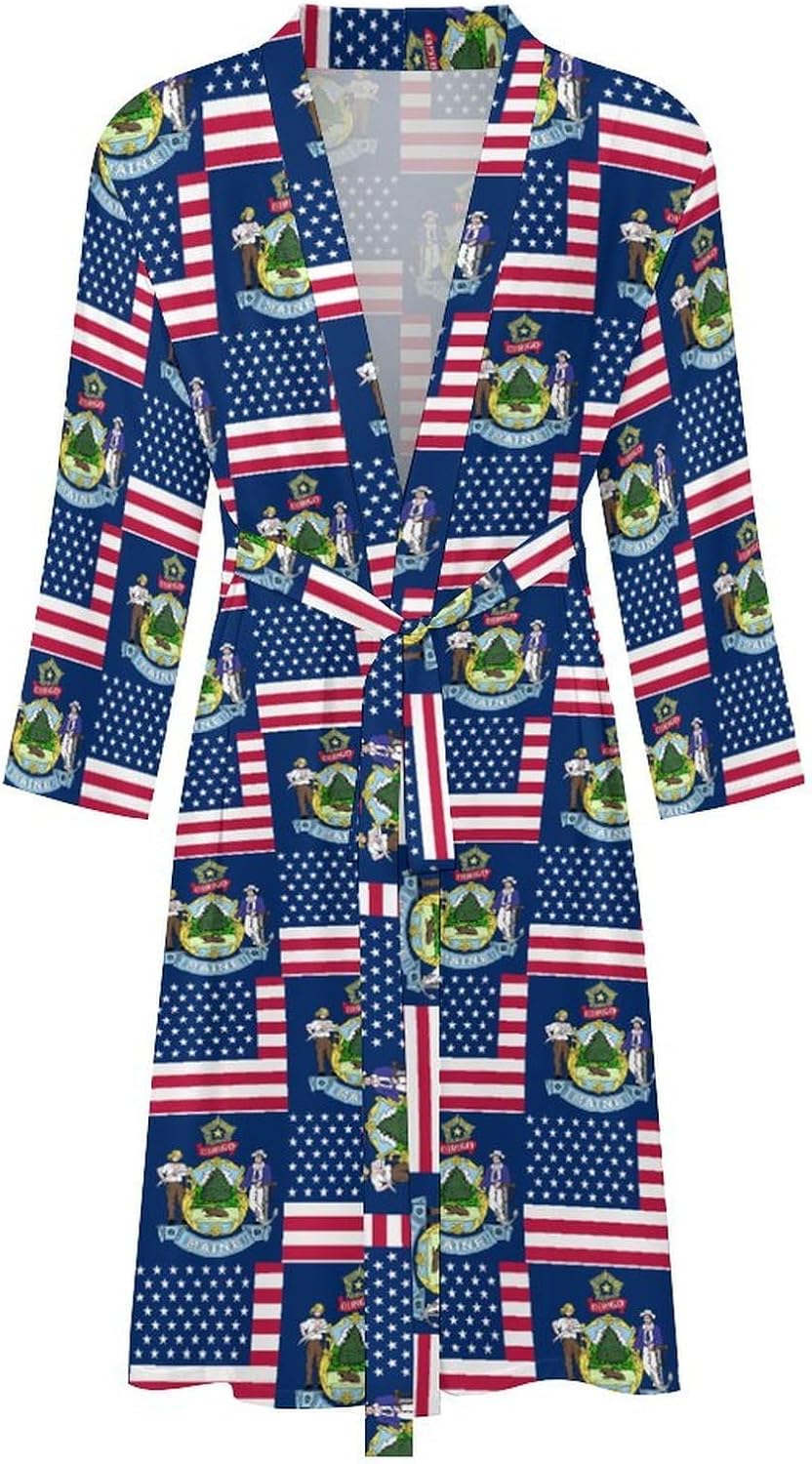 Flag of Usa And Maine Mens Robe Long Bathrobe for Women Bath Robes Lightweight Soft Printed Sleepwear
