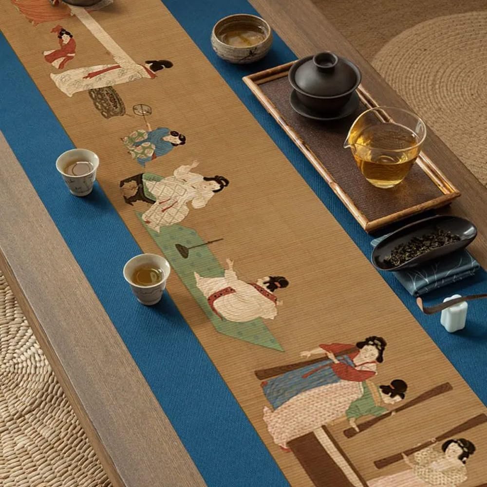 Asian Style Bamboo Table Runner, Ancient Chinese Landscape Flower Paintings Zen Table Mat for Kitchen Dining Bedroom Decoration (Persimmon Everything Goes Well, 12"x72")