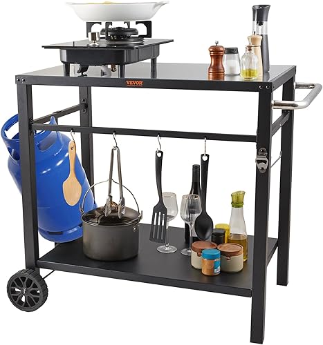 Miniatura 11 de VEVOR Carrito de parrilla al aire libre con doble estante, mesa de preparación de alimentos movible para barbacoa con mantel individual de PVC, mesa