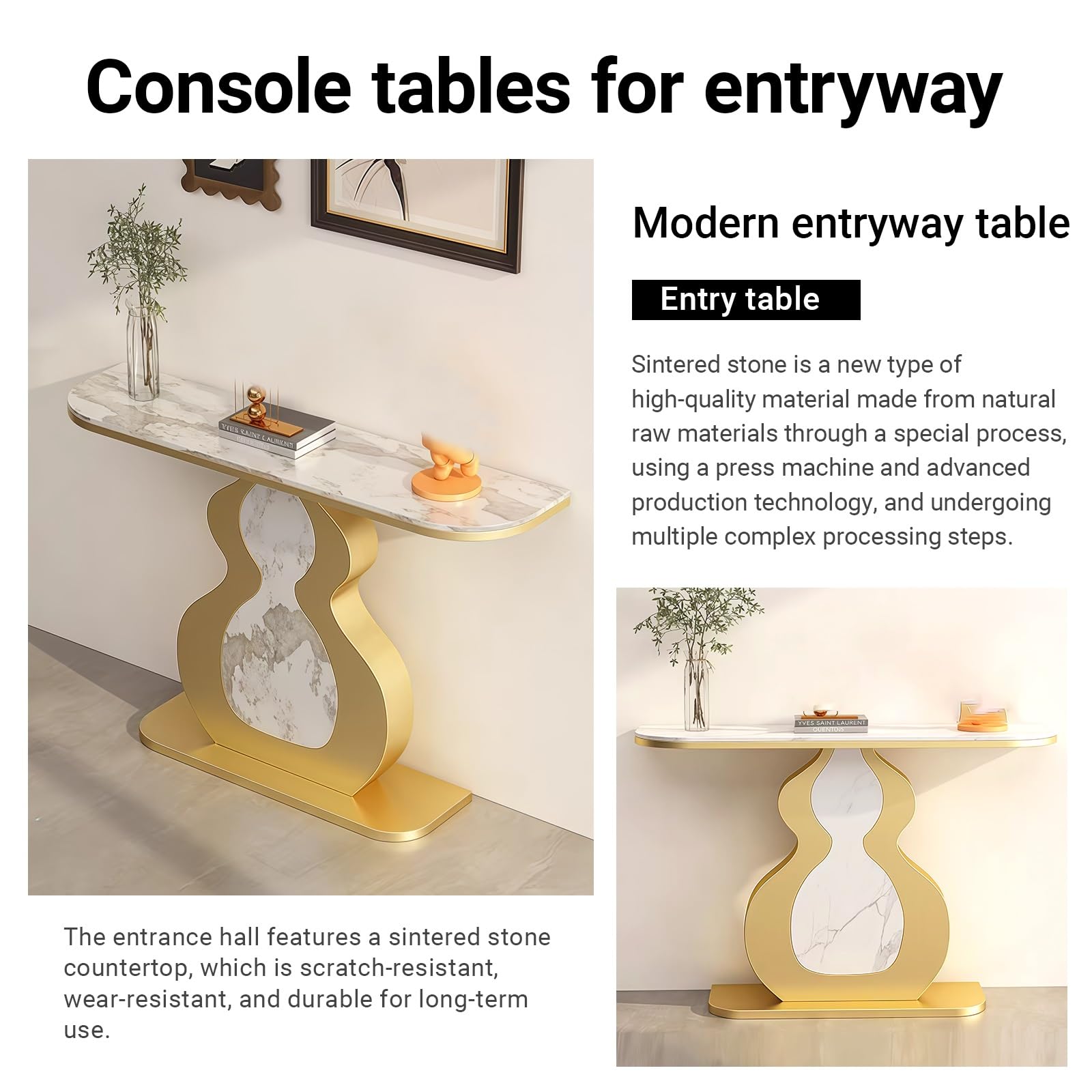 Tavolino d'ingresso moderno, consolle decorativa per corridoio, piano in ardesia con struttura in metallo, ideale per soggiorno, corridoio, atrio, ingresso, facile da montare (nero + grigio, 100 cm/