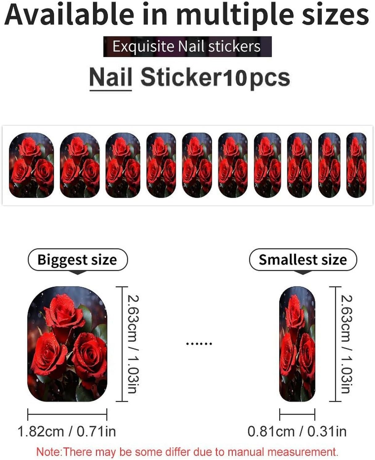Romantic Red RosesSummer Nail Stickers Nail Strips | Nail Art Stickers of 10 sets with decorate fingernails,toenails,artificial nails Full Cover Easy On-Off Non-Damaging