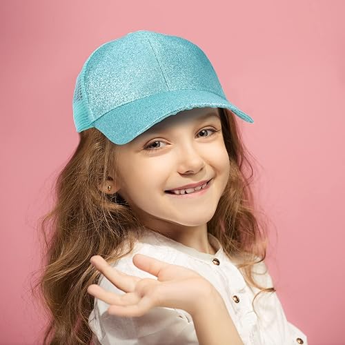 Miniatura 5 de Gorra de béisbol con purpurina para niñas, sombrero cruzado para niña, gorra de cola de caballo alta para niña, gorra de camionero con cola de