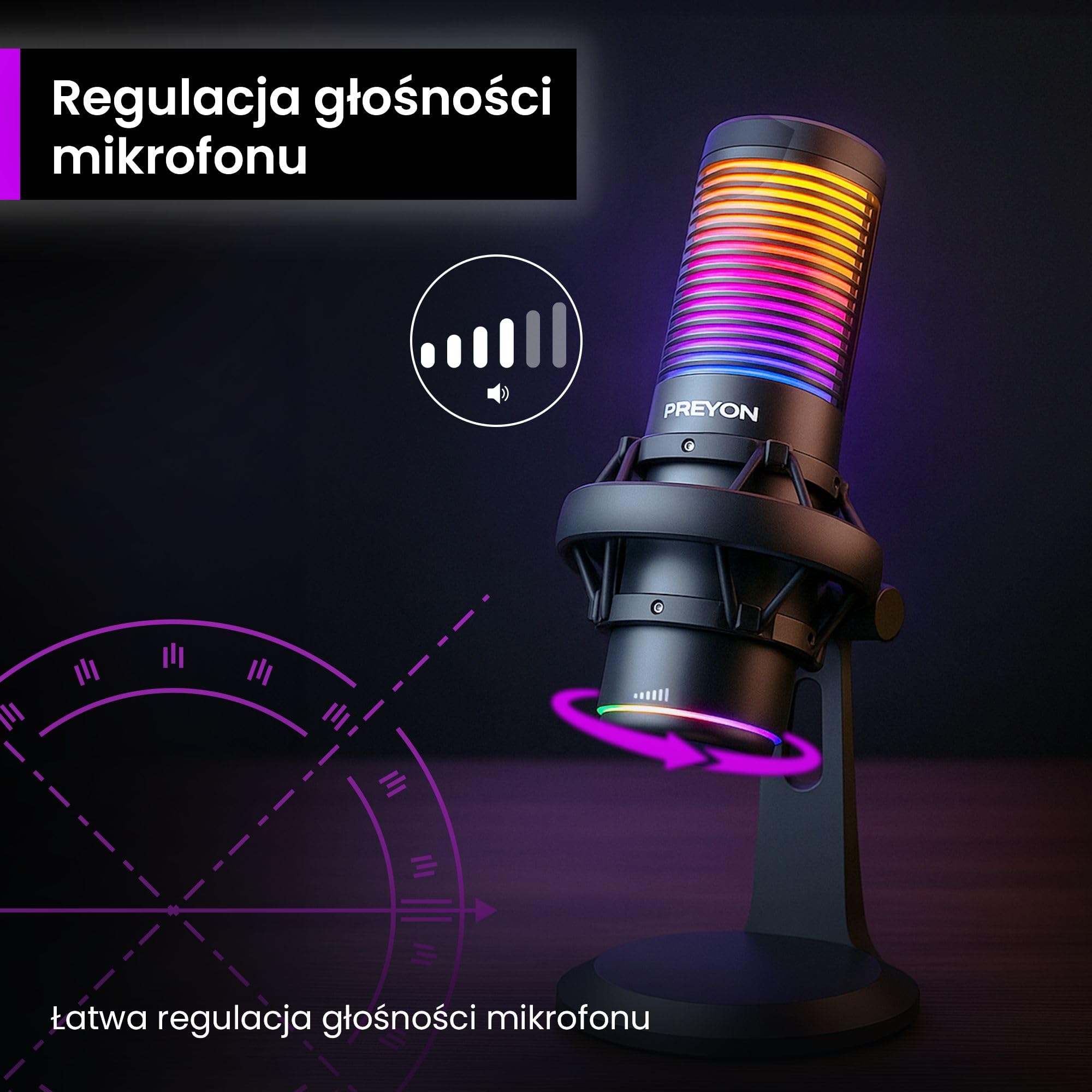 PREYON Mikrofon Gamingowy do PC z Ramieniem USB Pojemnościowy - Podcastów Streamingu Laptopa i Studia Podświetlenie RGB z Wyciszeniem Kardioidalny Omnidirekcjonalny Pokrętła Regulacji – Czarny