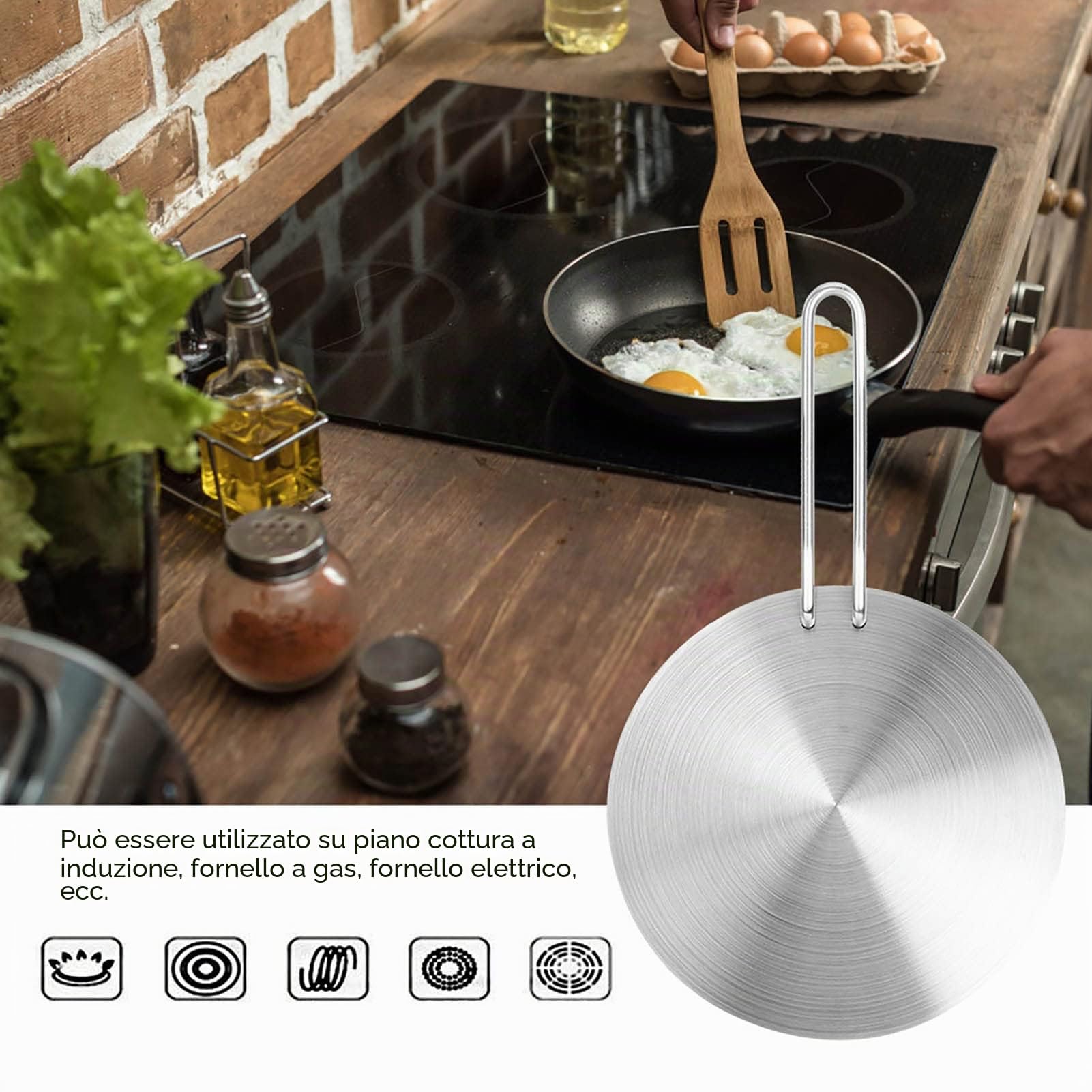 Diffusore Induzione 20cm Acciaio Inox, Manico Rimovibile | Adattatore per fornelli ed elettrici, distribuzione uniforme calore, compatibile con pentole in ceramica e allum
