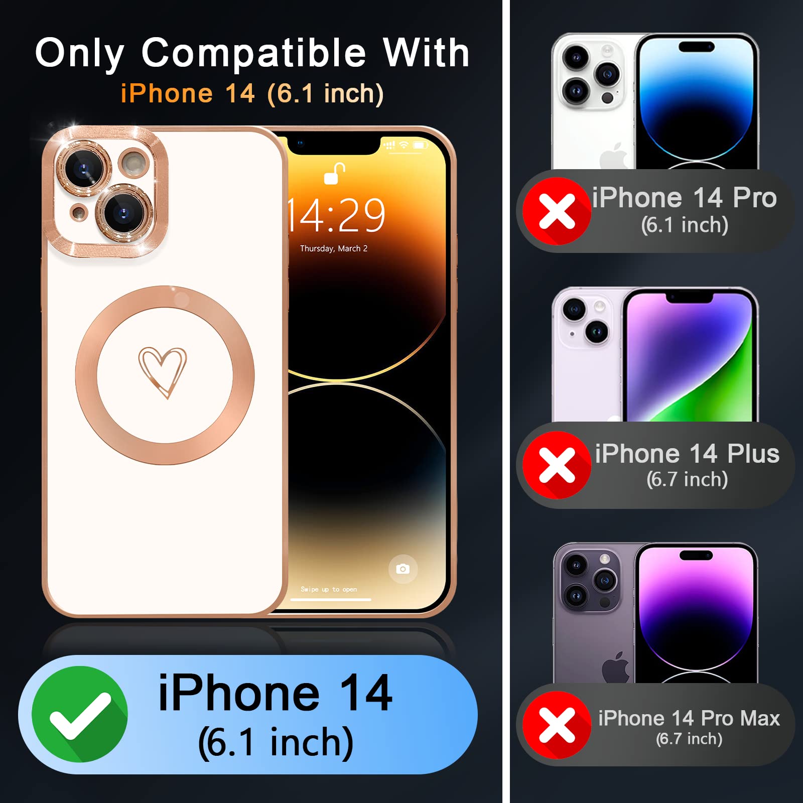Cover Magnetica Con Cuore Per IPhone 14 - Compatibile MagSafe, Protezione Fotocamera, TPU Morbito, Galvanizzata Bianca, Design Unico