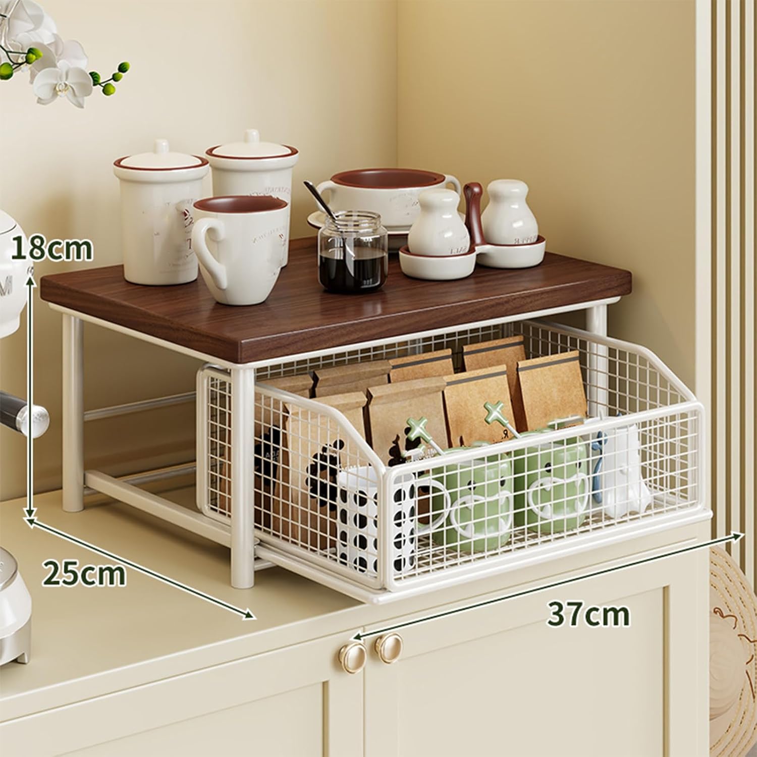 Kitchen Countertop Organizer with Drawer and Wire Basket, 2-Tier Sturdy Hardwood Shelf Storage Organizer, Coffee Maker—Sliding Drawer for Fruit Storage, Seasoning (Black A)