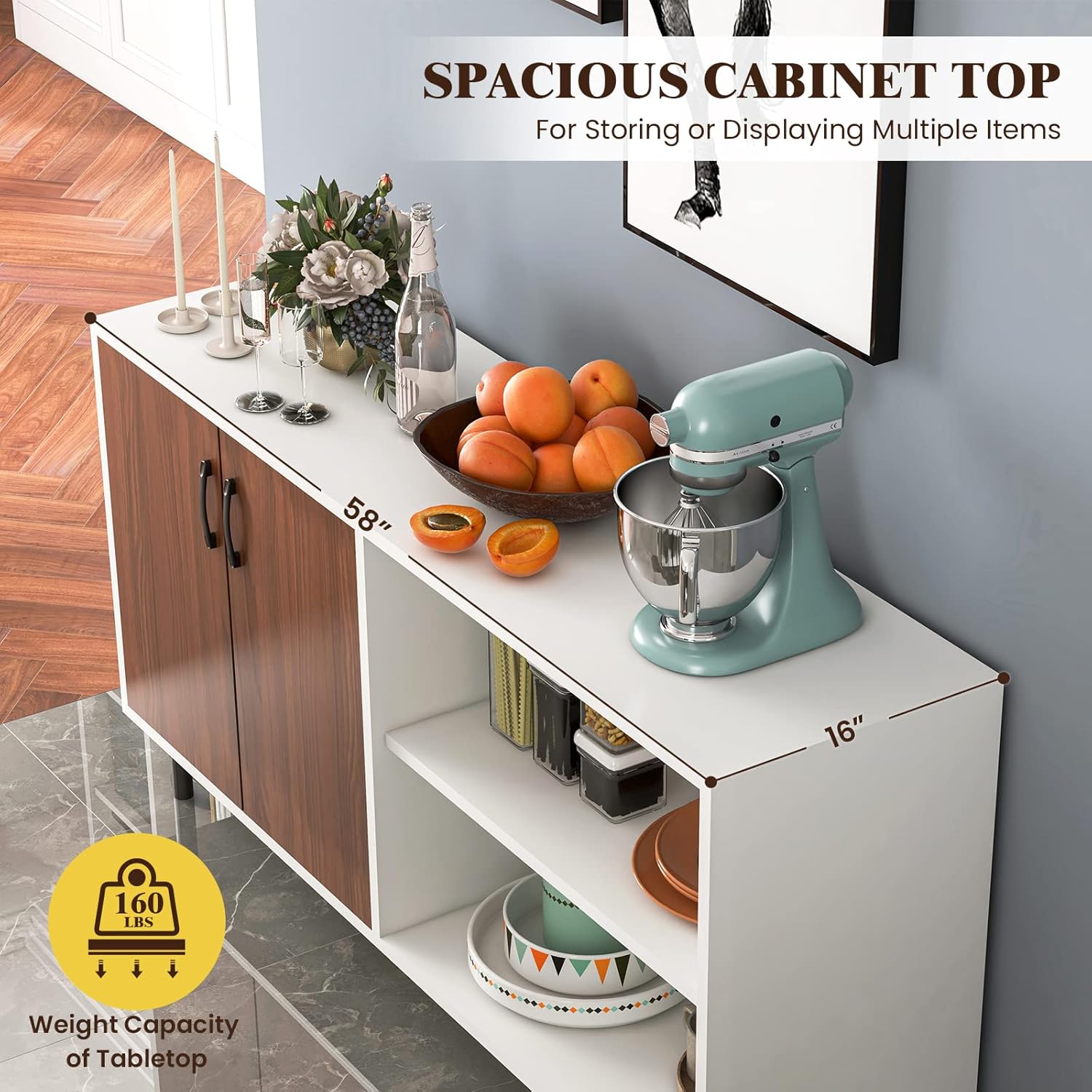 Giantex Buffet Sideboard, Modern Storage Cabinet with 2 Doors and Open Shelves, 58” Kitchen Cupboard with Metal Legs, Coffee Bar Cabinet for Kitchen, Living Room, White & Walnut