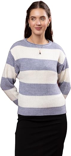Wear lusso Women’s 100% Wool Color Block Stripe Full Sleeve Round Neck Pullover Sweater | Winter Season Fashion