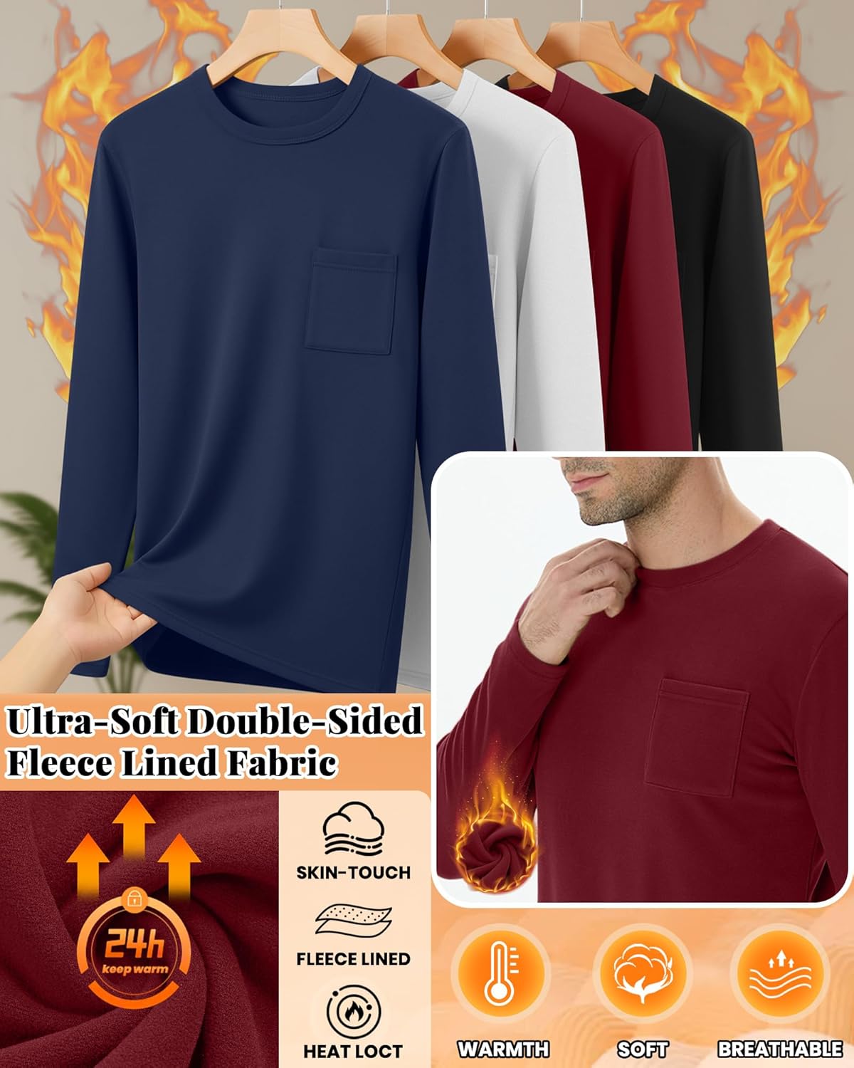 4 Pack Men's Big and Tall Thermal Shirts Fleece Lined Long Sleeve Underwear Top Crew Neck Undershirts Base Layer - Image 4