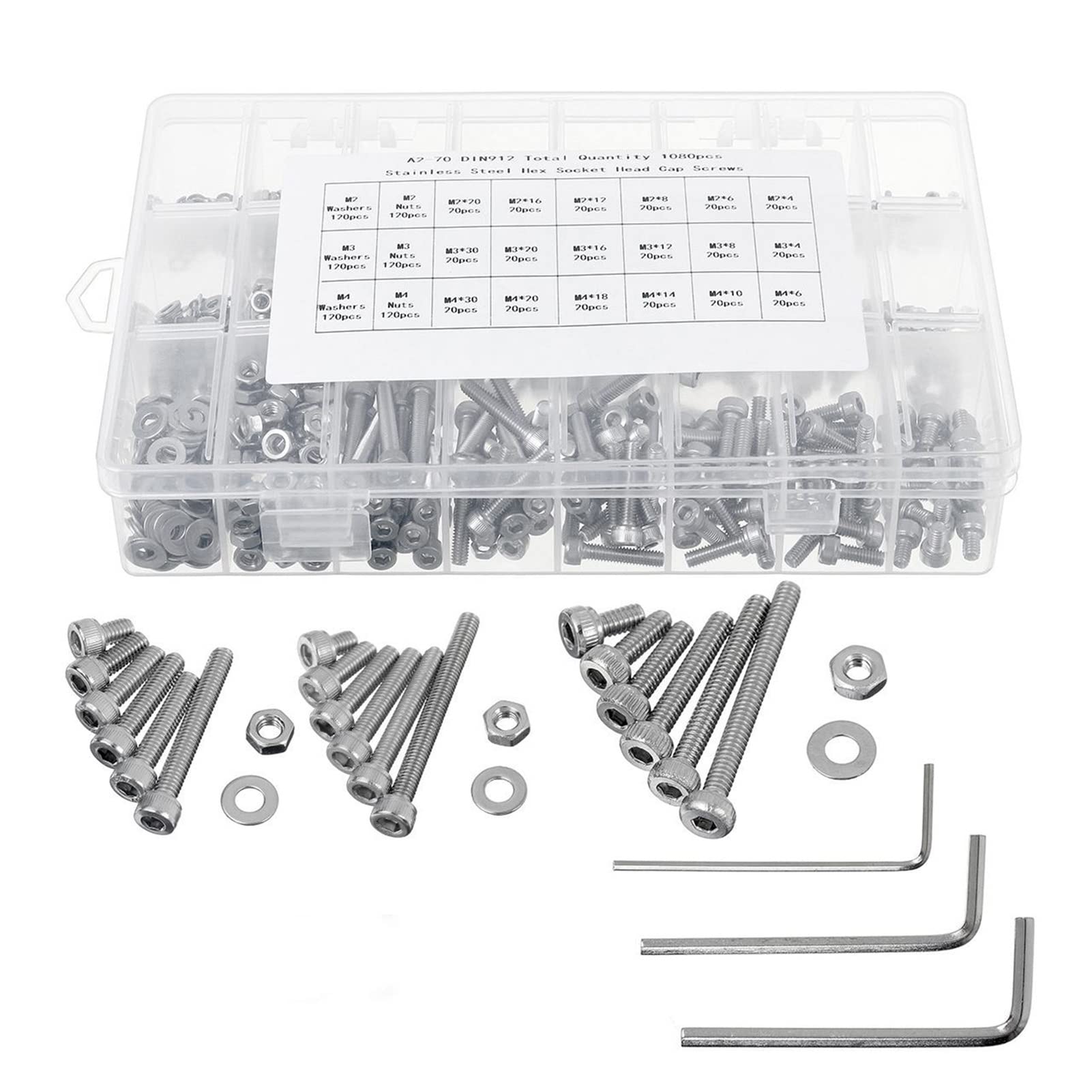 yaoqijie 500/ 1080pcs M2 M3 M4 M5 Juego de tornillos de zócalo hexagonal de acero al carbono Tornillos de cabeza redondos planos Tornillos de tornillos y tuercas Kit de surtido con caja de almacenami