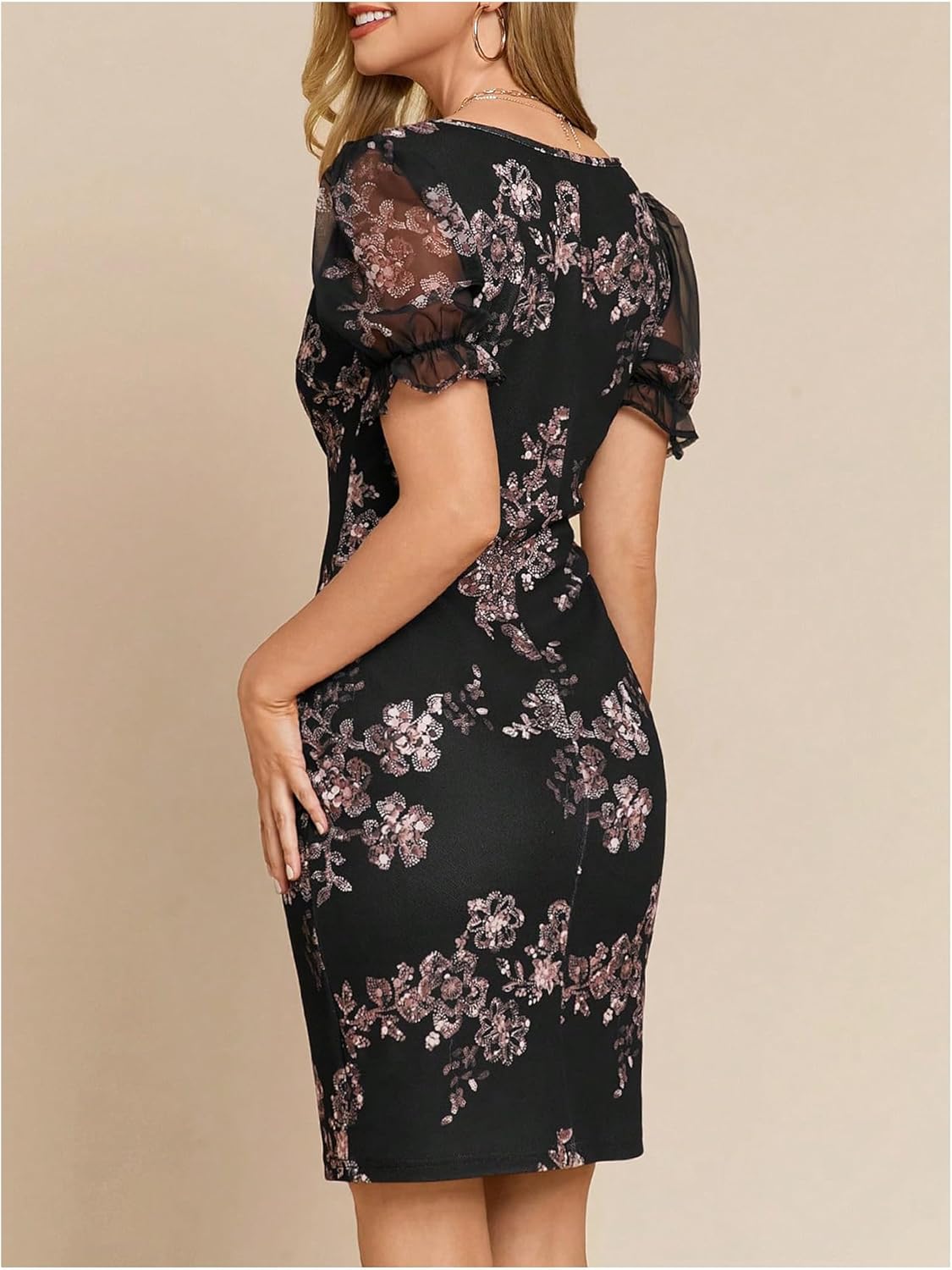 SweatyRocks Women's Floral Print Bodycon Short Dress Mesh Puff Sleeve Party Dress - Image 3