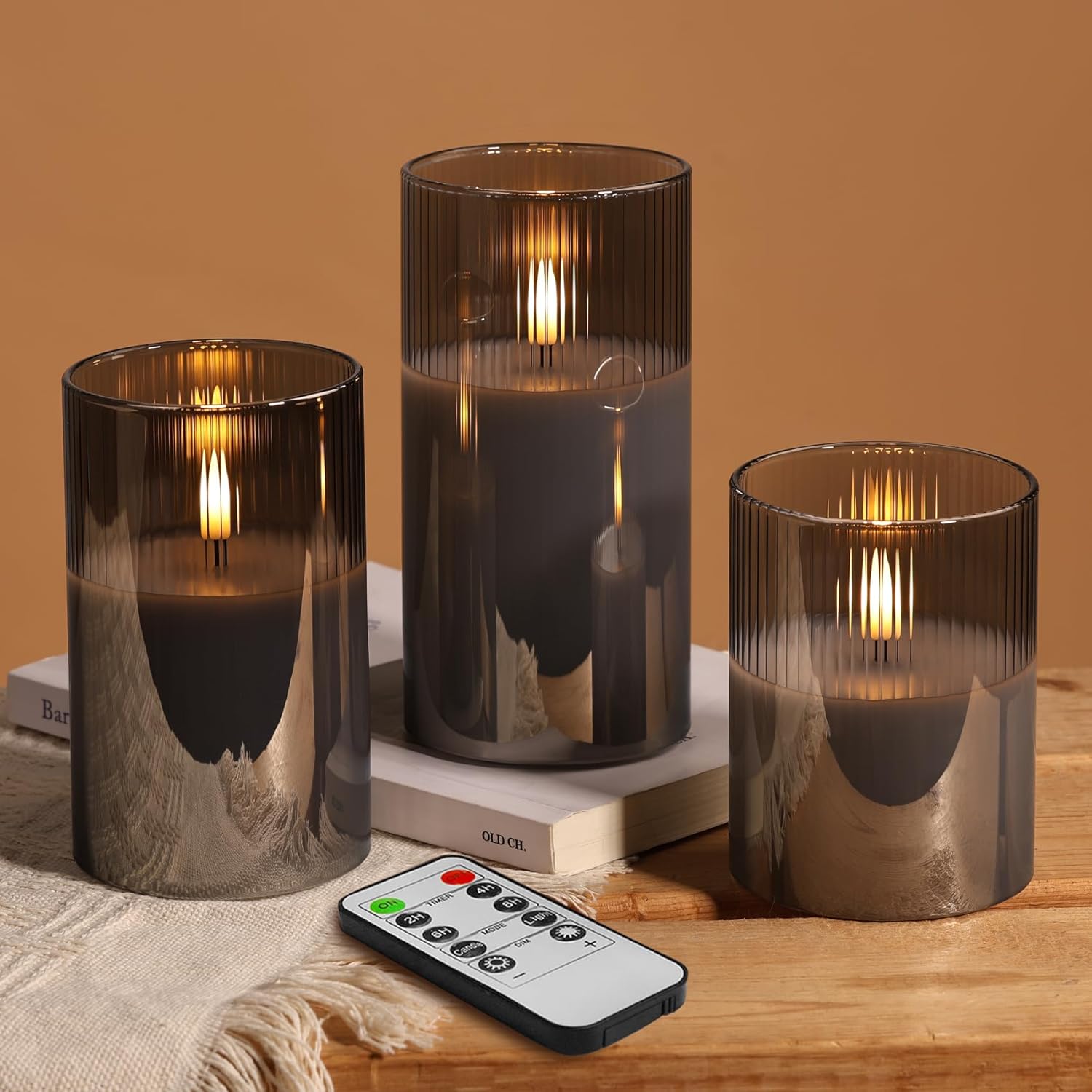 Eywamage Clear Ribbed Glass Flameless Candles with Remote, Flickering LED Pillar Candles Real Wax, Set of 3
