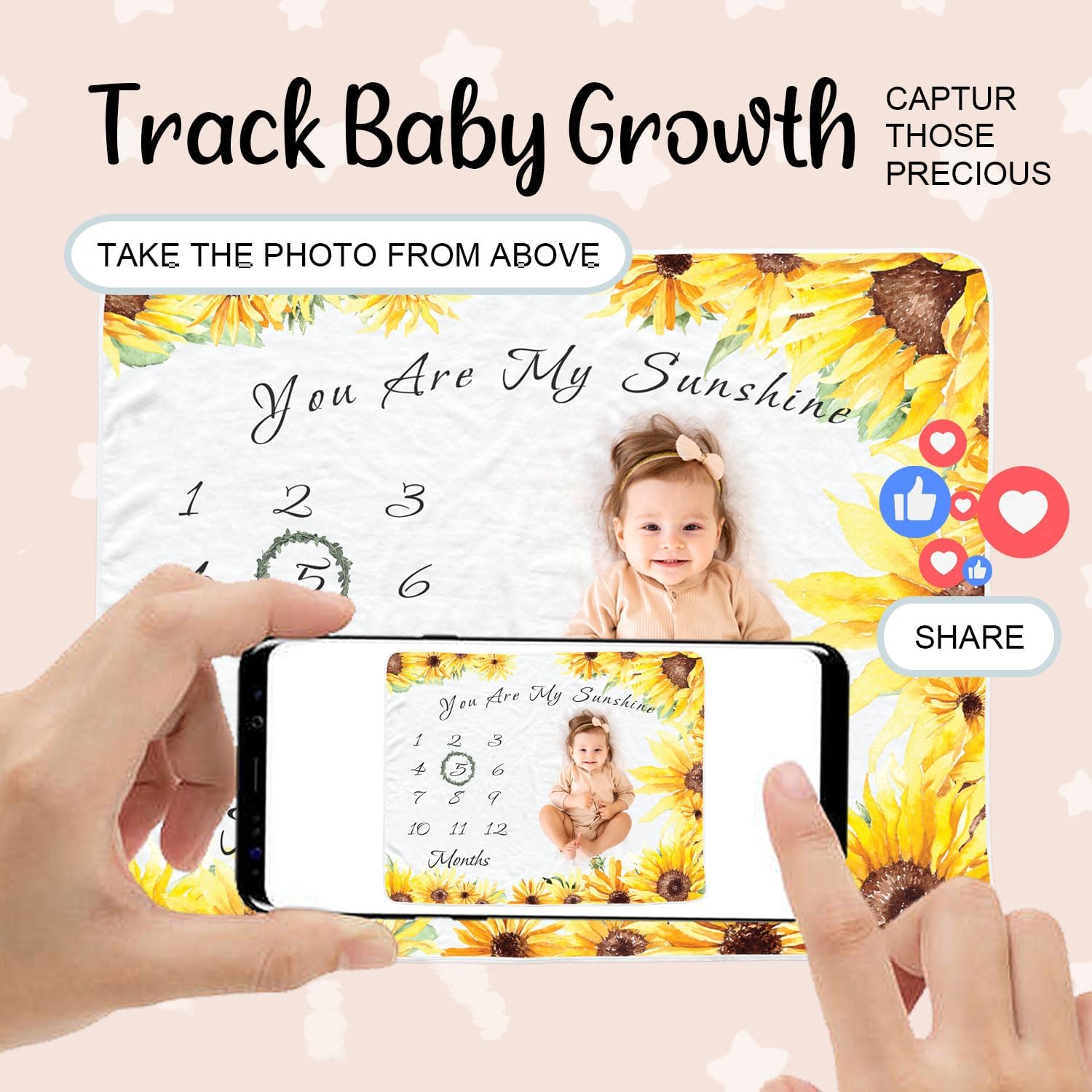Sunflower Baby Monthly Blanket for Girls, Newborn Yellow Floral Month Blanket, Soft Flannel Photography Background Prop, Personalized Shower Gift (Sunflower)