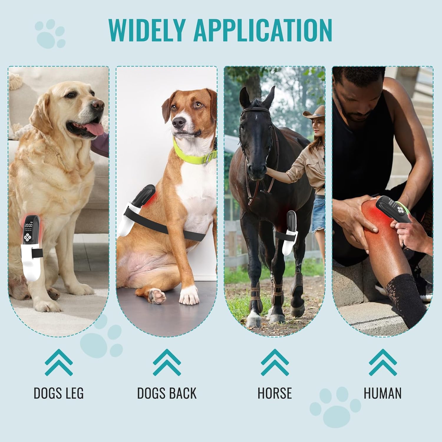 Images showing the PUPCA VET-CURES device being applied to a dog's leg, a dog's back, a horse's leg, and a human's knee