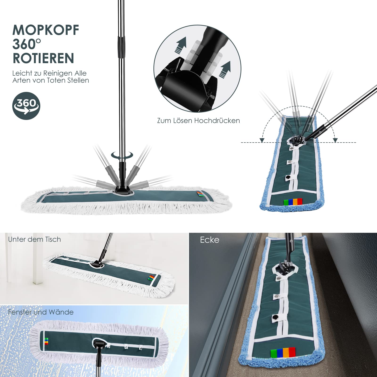 Myiosus Płaski mop podłogowy 105 cm z uchwytem ze stali nierdzewnej, przegub obrotowy 360°, bawełna i mikrofibra - wydajna wycieraczka do domu, biura