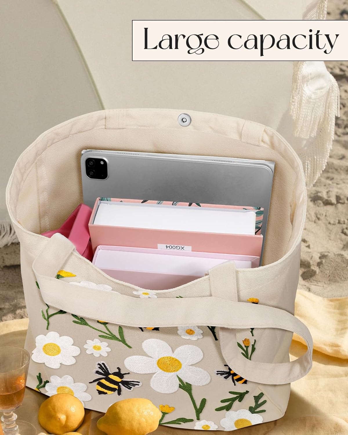 Embroidery Canvas Tote Bag for Women - Reusable Tote with Buckle Aesthetic Cute Shoulder Bag for Shopping, Grocery - Image 5