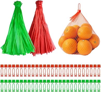 Yitexin 200 Reusable Mesh Vegetable Bags, 15.7" Plastic Mesh Production Bags with Buttons, Onion Storage Bags for Vegetables, Fruits, and Seafood 200Pcs