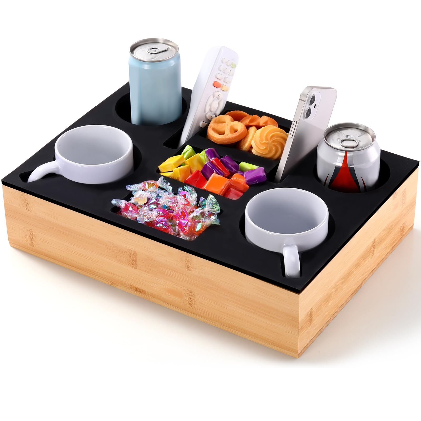 Yerliker Couch Cup Holder Tray, Silicone Lining Couch Caddy Waterproof Anti-spill Sofa Cup Holder for Bed Car Seat Organizer, Hold Mugs, Drinks,