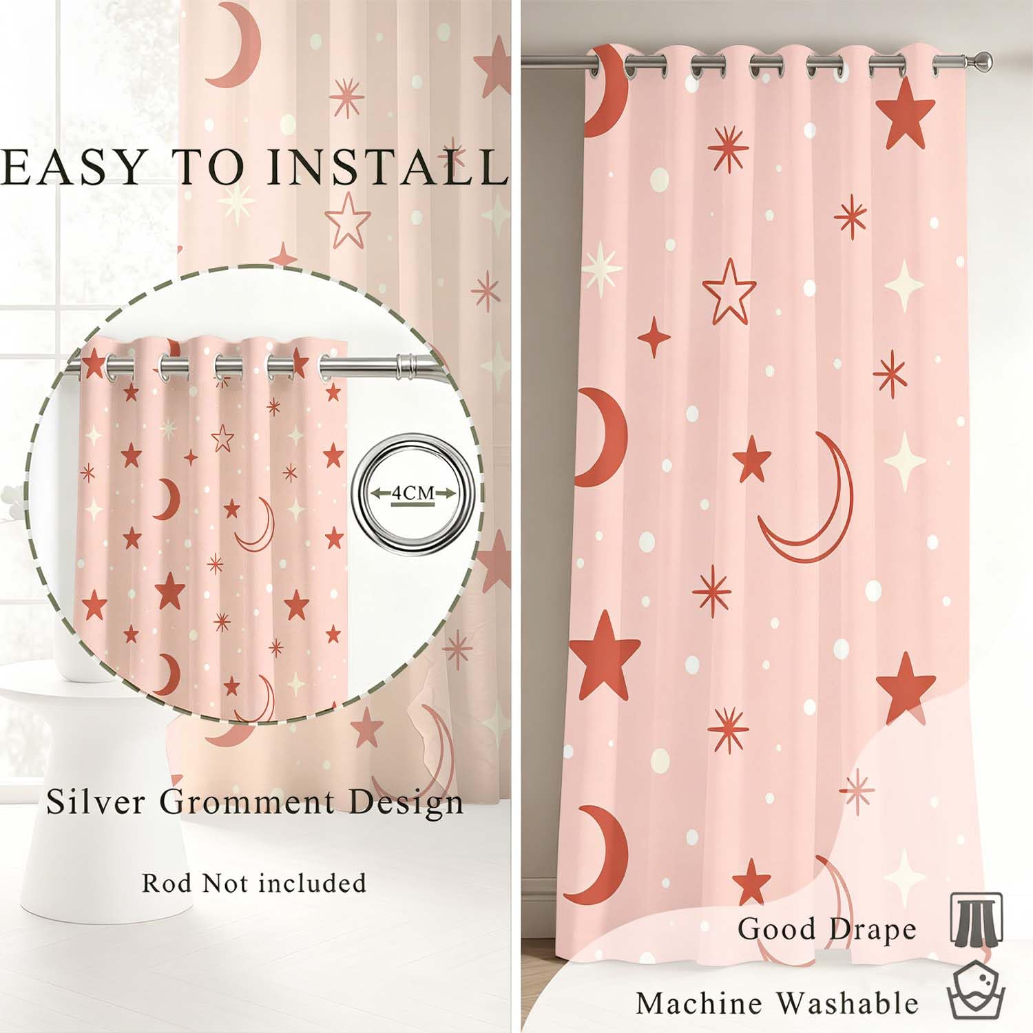 Rideaux Occultants Ciel étoilé Rose Imprimés 3D à Oeillets, Lot de 2