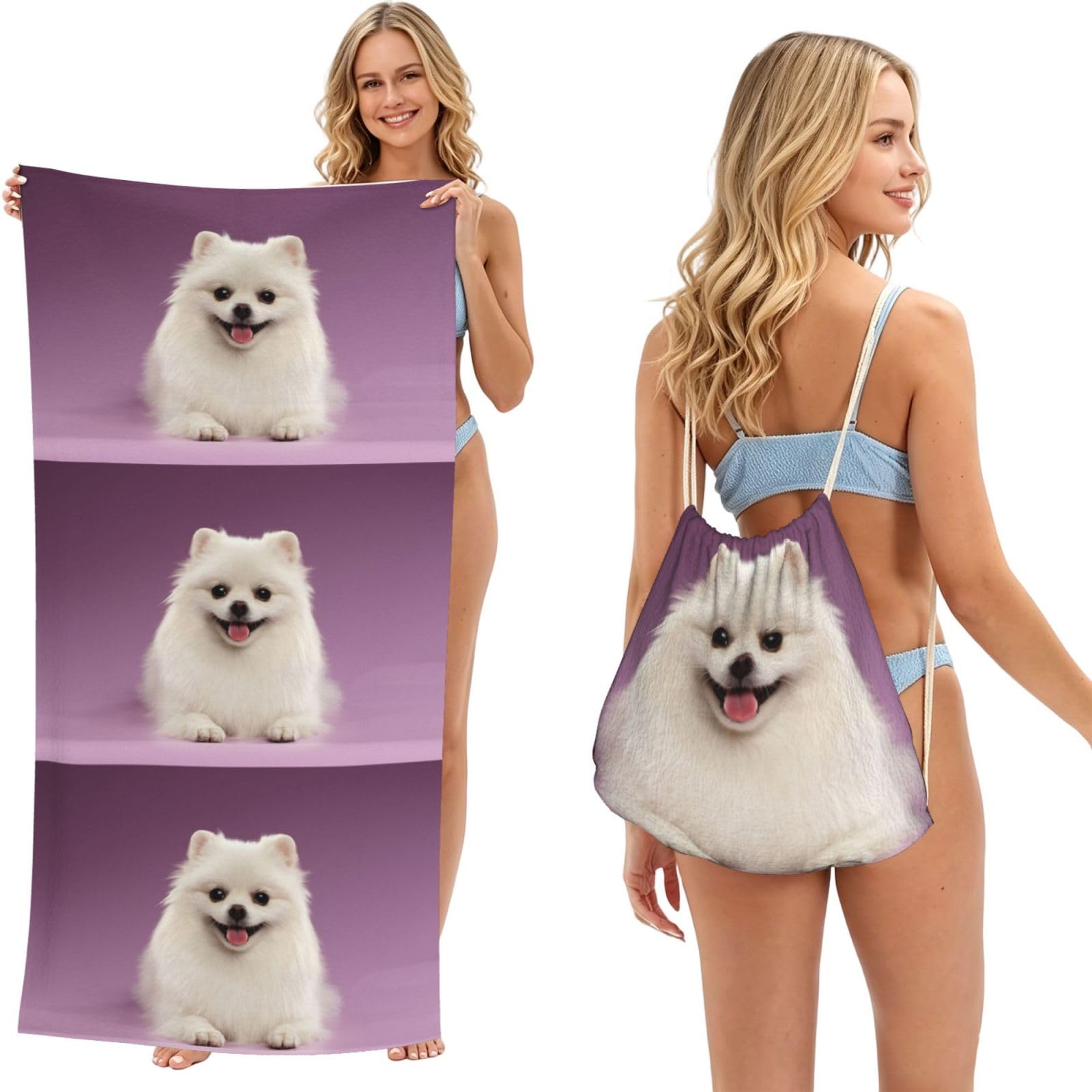 Poadnly As Picture Pomeranian Dog Pattern, 2 In 1 Packable Towel Bag, Beach Towels With Drawstring Backpack For Travel Holiday Camping