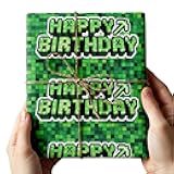 Birthday Wrapping Paper Boy Happy Gift Wrap Bag Party Decoration for Kids Gamer Thick Cute Pixel Style 17x29.5” 10 Sheets In A Roll Green