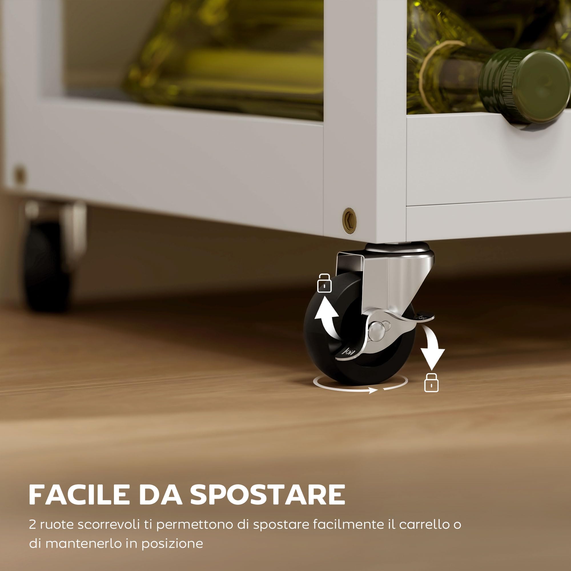 HOMCOM Carrello da Cucina con 9 Portabottiglie, 3 Ante, 4 Ruote e Cassetto, Mobiletto Cucina Salvaspazio con Piano in Legno di Gomma, per Soggiorno, 67x37x87 cm, Bianco e Rovere