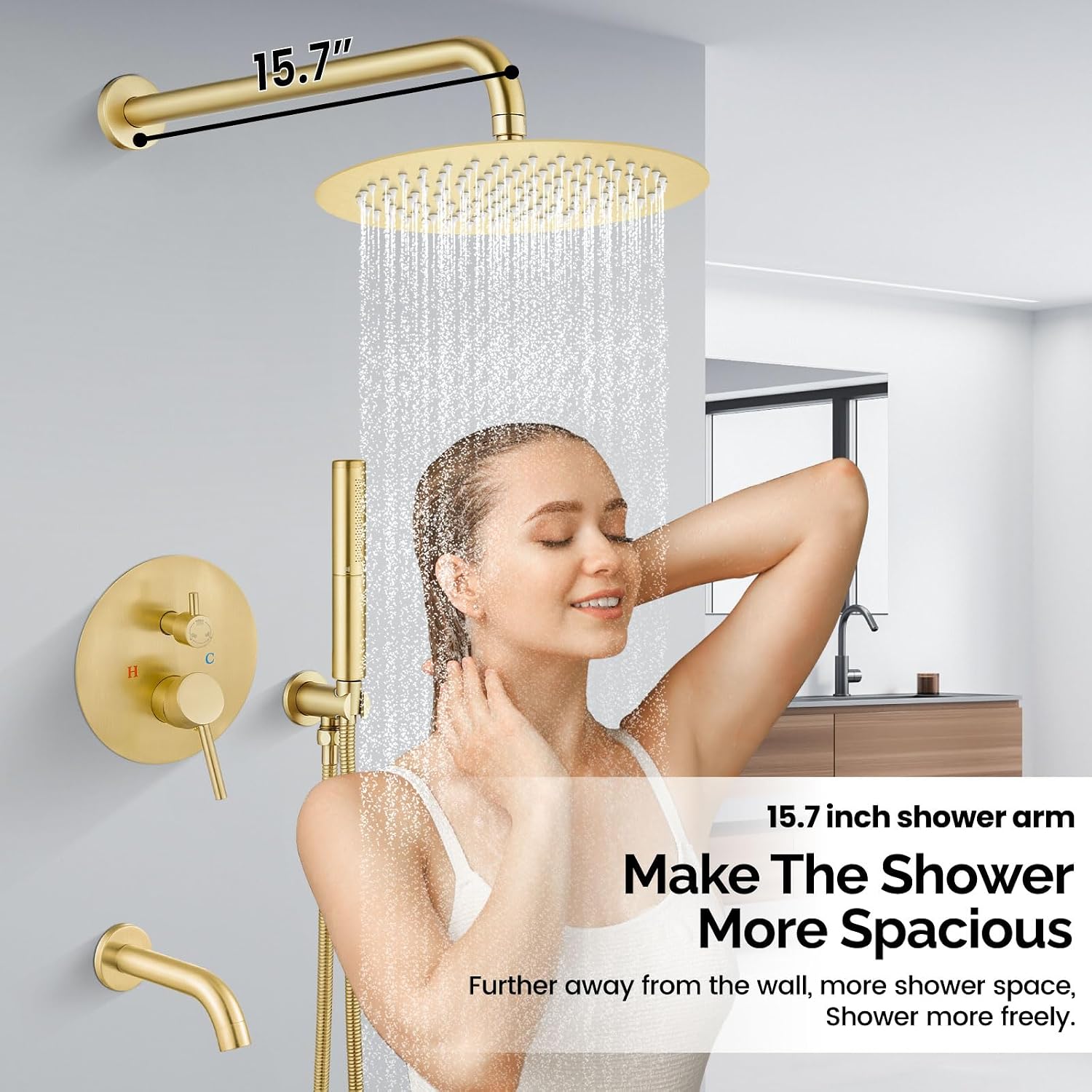 Airuida 3-Function Rain Shower System Set – Wall Mount Tub Shower Combo with Handheld Shower and Tub Spout,10 Inch Shower Head,Brushed Gold