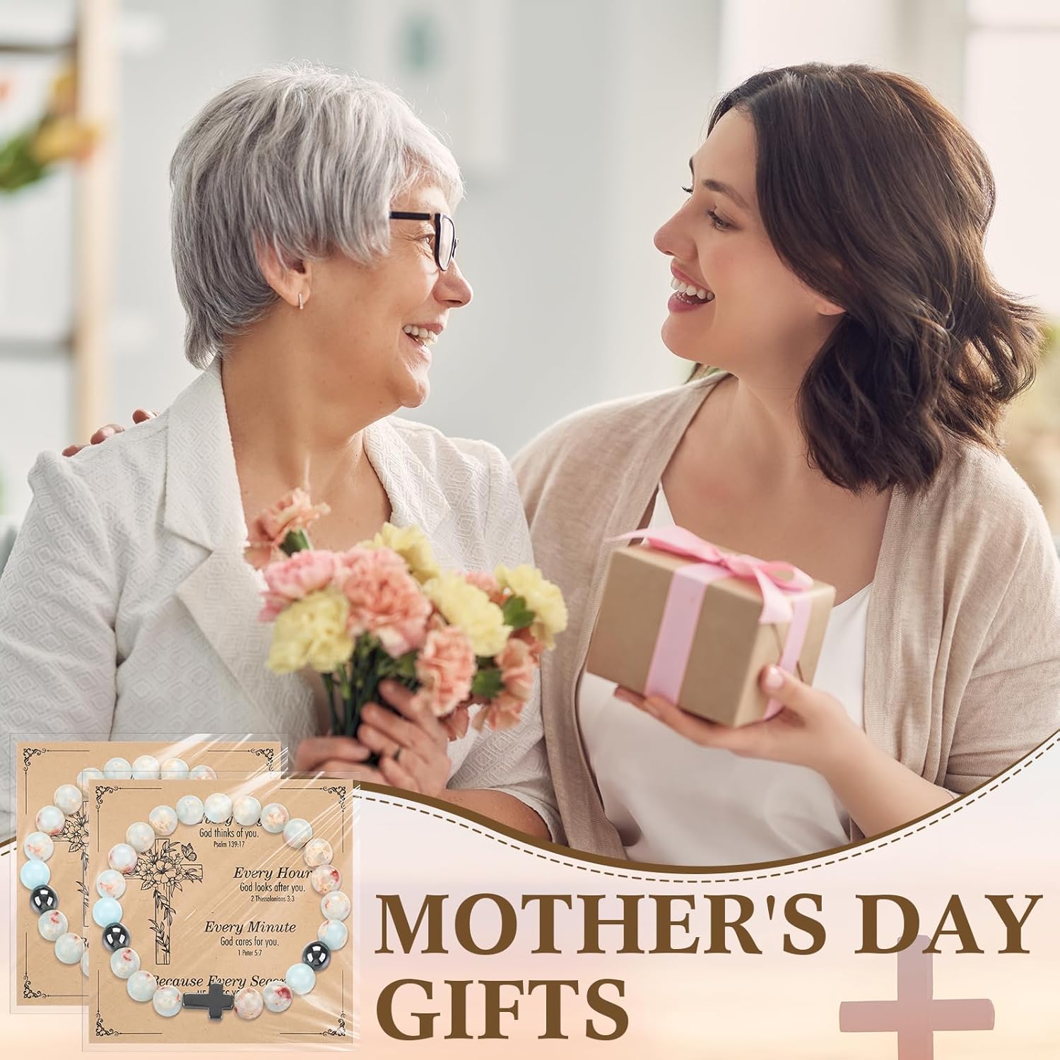 Highergo 12 Sets Christian Cross Beaded Bracelets Bulk for Women Natural Stone Bead Religious Jesus Bracelet Church Easter Gift - Image 7