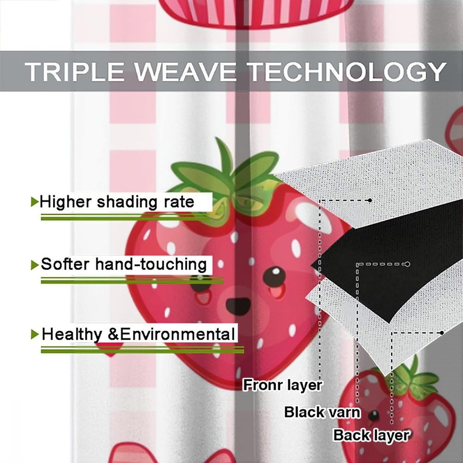 Cute Shortcake Blackout Curtains for Bedroom Living Room, Rod Pocket Strawberry Heart Gingham Curtains Thermal Insulated Window Drapes 2 Panels, Each 21W x 45L