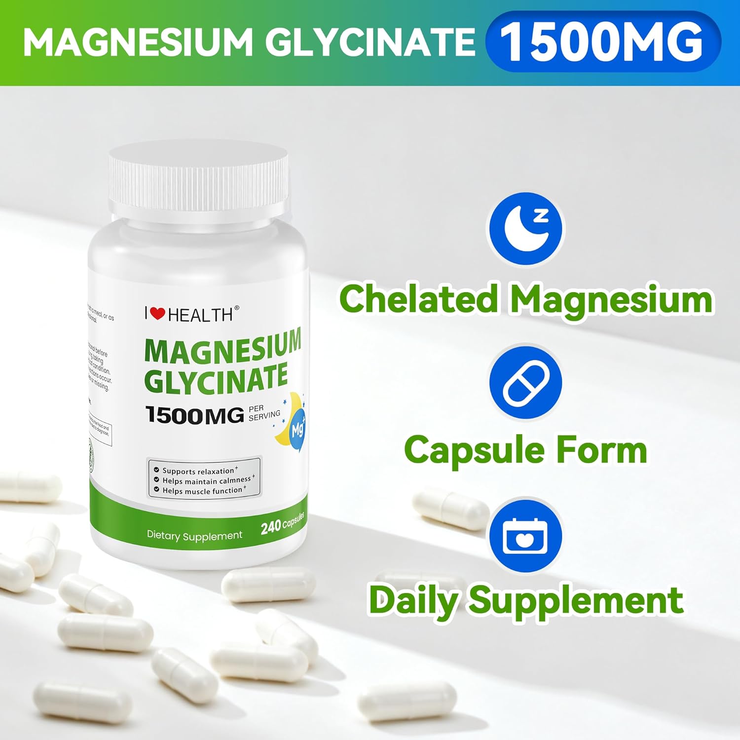 Magnesium Glycinate 1500mg – 240 Capsules– High Absorption Magnesium Supplement for Relaxation, Calmness & Muscle Support – Gentle on Stomach – Made in USA