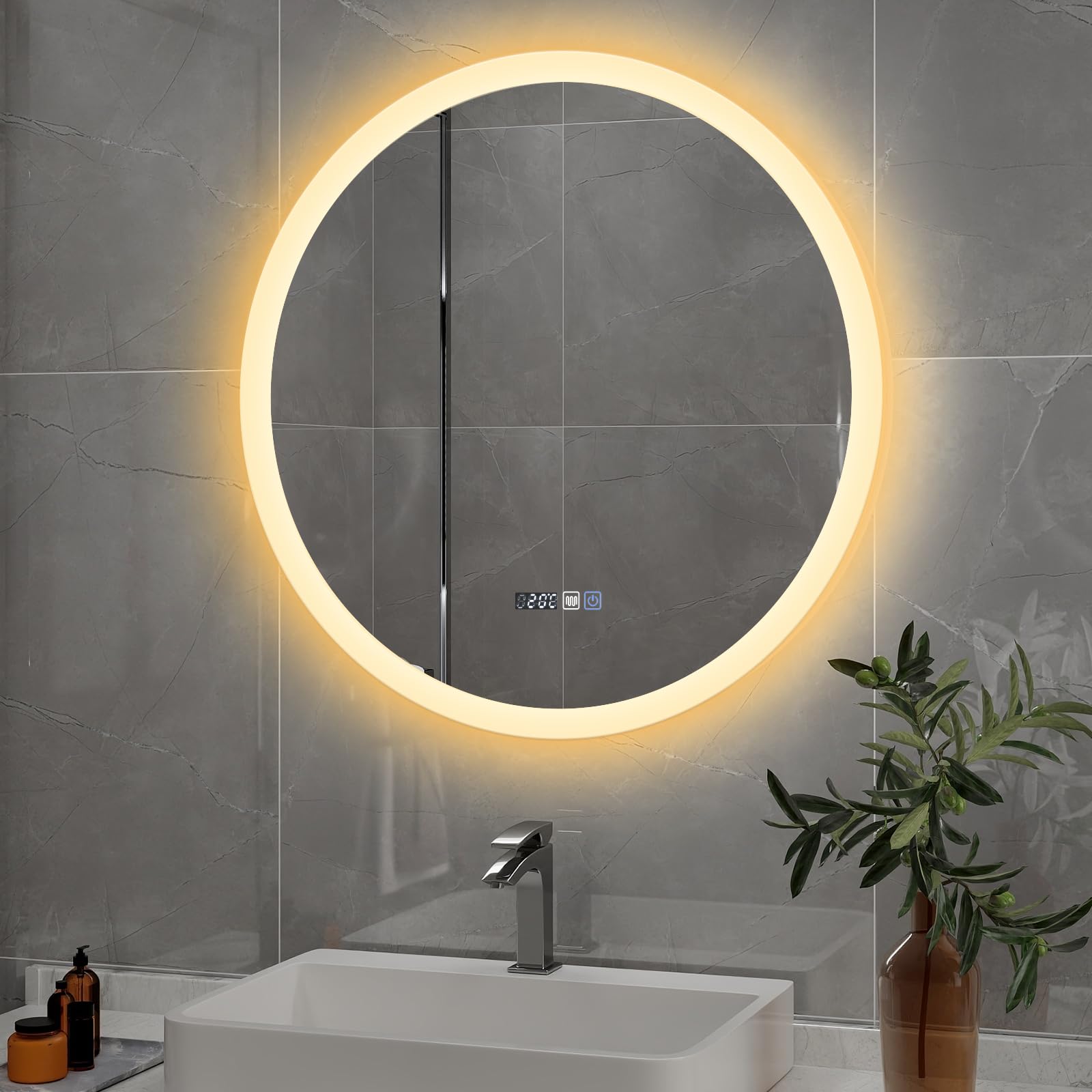 YU YUSING Specchio Bagno con Luce LED, Rotondo, 60 cm, 3 Colori, Luce Regolabili, Specchio da Parete, con Interruttore Touch e Funzione Antiappannamento, Visualizzazione del Tempo, IP44