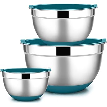Joyfair Mixing Bowl Set of 3 Stainless Steel Bowl with Airtight Lid and Non-Slip Base Salad Bowl Set for Kitchen/Baking/Cooking/Preparation Dishwasher Safe - 4.6 L / 2.8 L / 1.2 L Blue